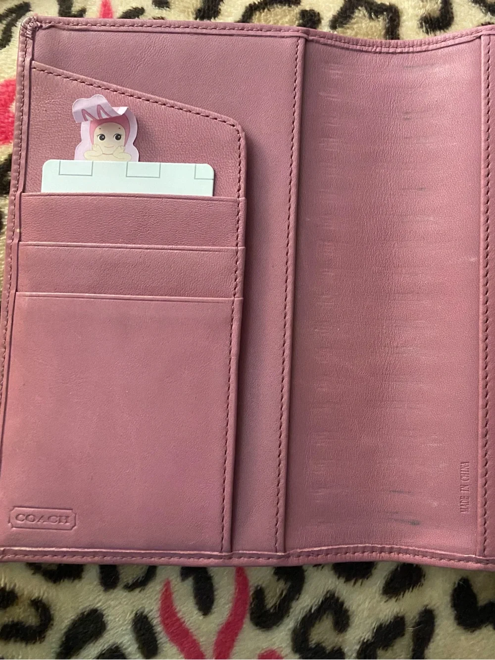 Coach Beige Signature Card Holder with Pink Trim and Charm Dangle